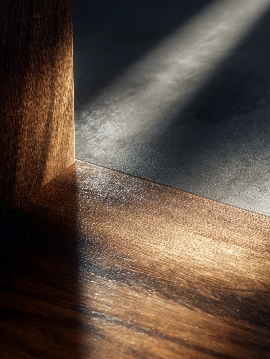 Light falling across a timber floor and a stone wall
