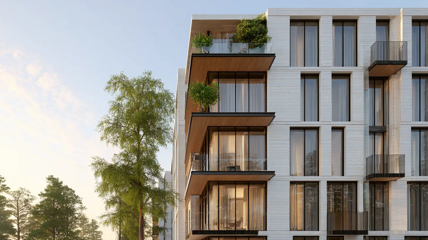 An apartment building with timber-lined balconies and planting