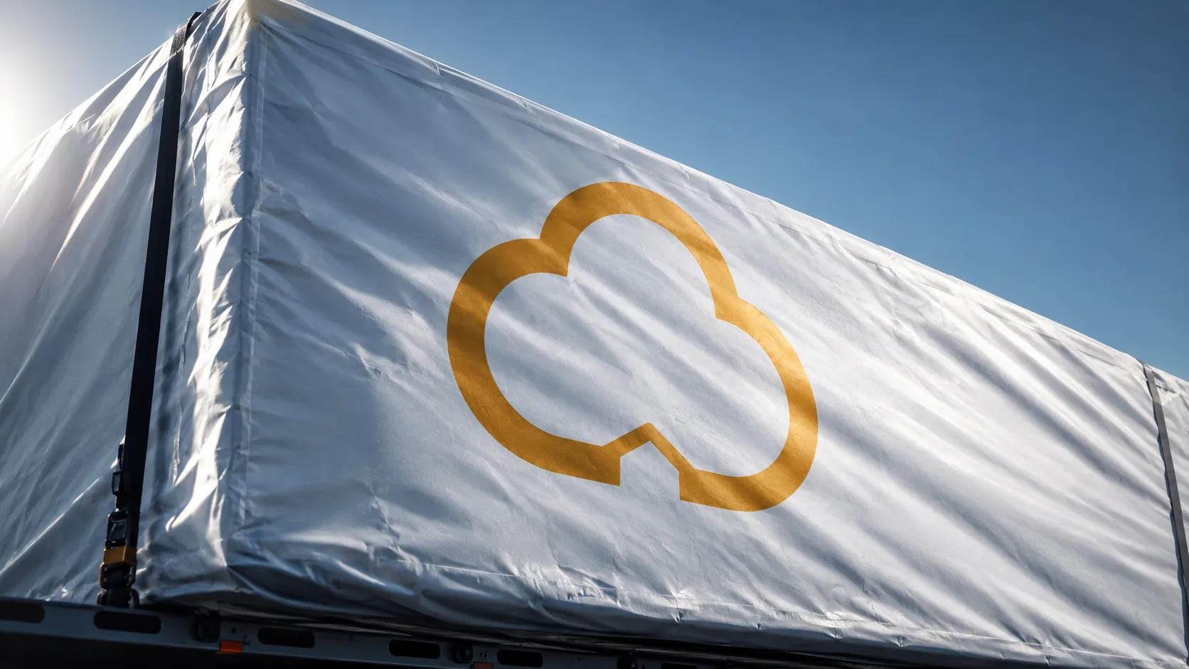 A module sealed in white shrink wrap carrying the Cloud Modular mark, on a trailer against a clear sky
