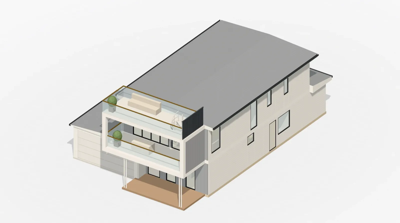 Rendered three-quarter view of the Hasting Street Villa model, showing the double garage, the white-framed balcony and the roof terrace with its spiral stair