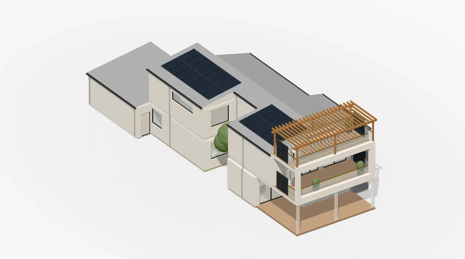 Rendered three-quarter view of the Jurien Bay Type B residence model, showing the white-framed balcony, roof terrace pergola and spiral stair at the front