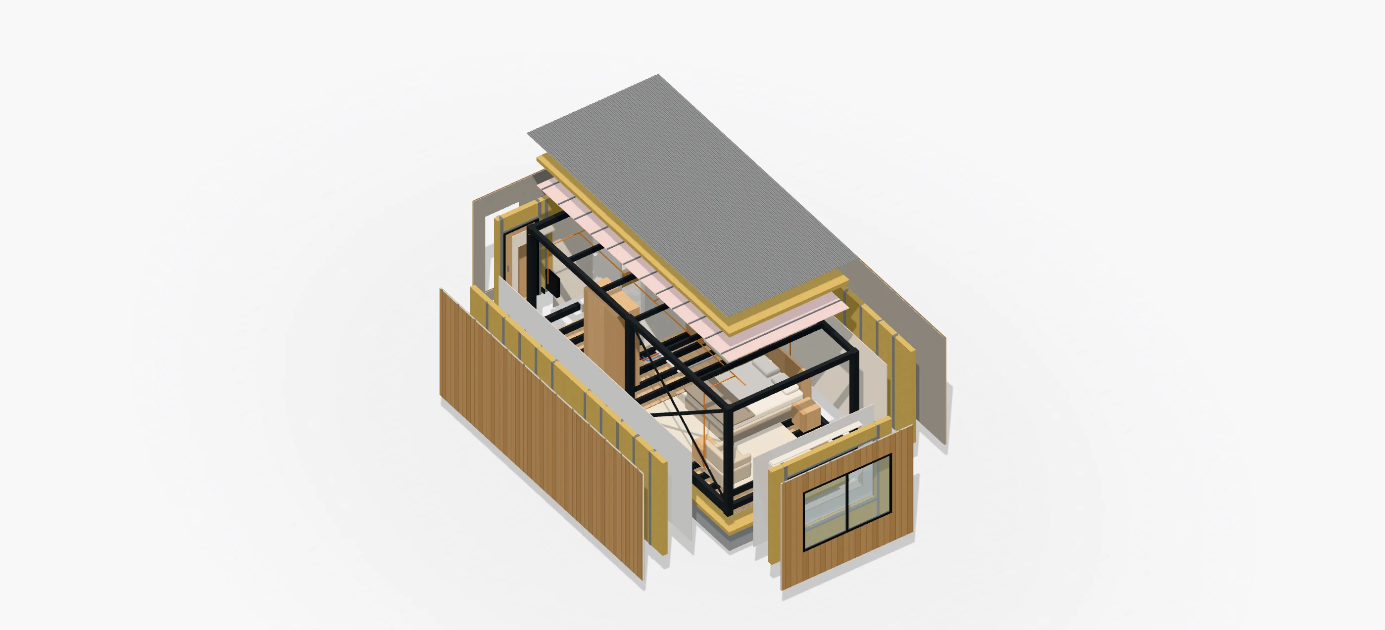 Rendered view of a typical module separated into its systems, with the corrugated roof deck, insulation and plasterboard lifted above the braced steel frame, the clad walls pulled away and the fit-out inside