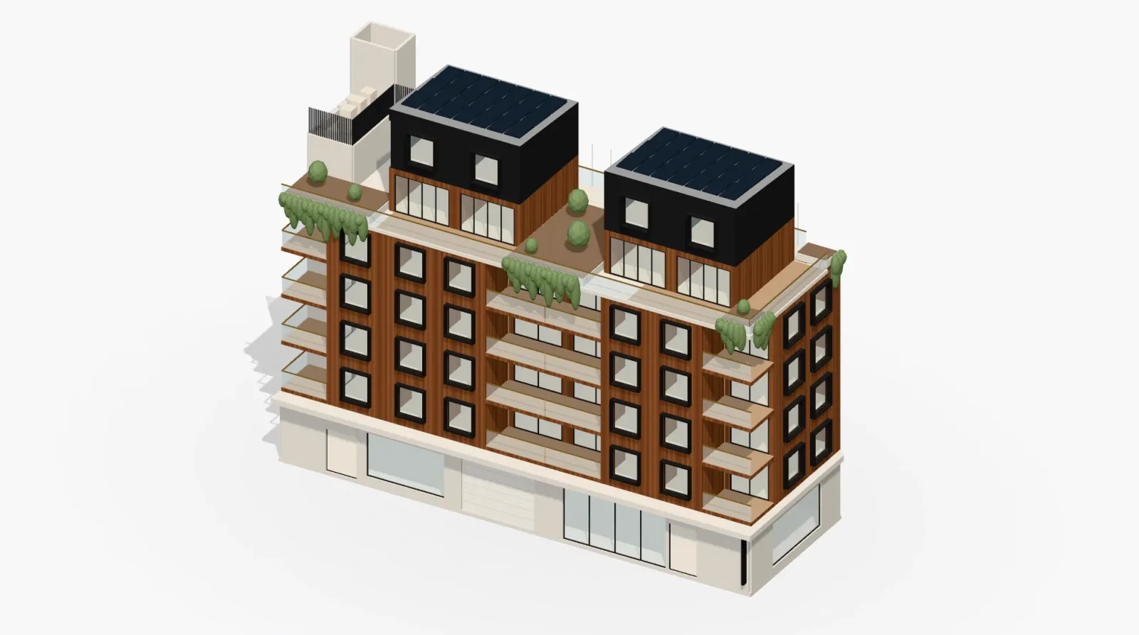Rendered view of the 25 On Rowland and Forrest model from the street corner, showing the stacked apartment modules in timber-look cladding above the concrete ground floor