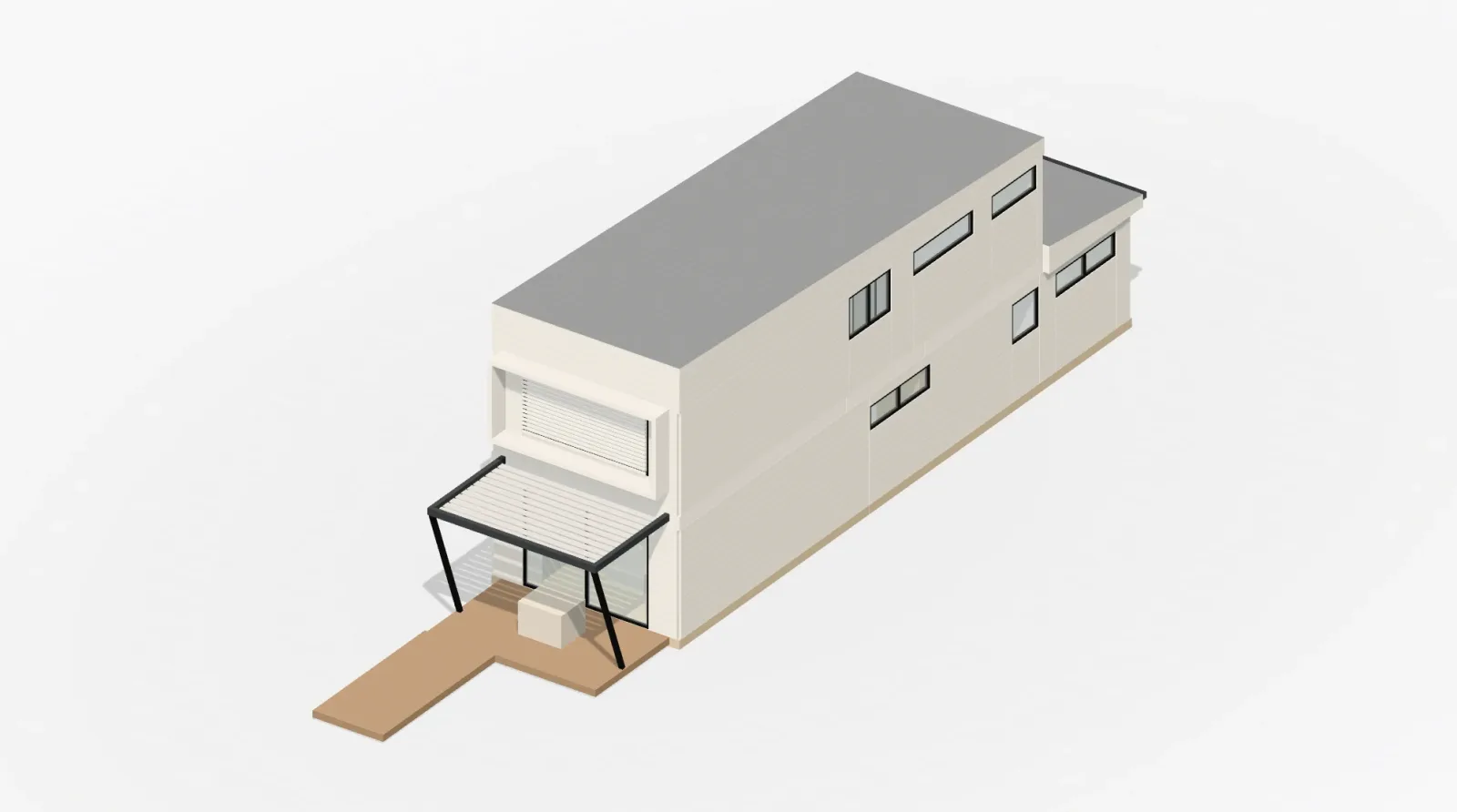 Rendered three-quarter view of the 3 Bed Villa model, showing the tall narrow villa, the framed front window and the louvred vergola on angled posts
