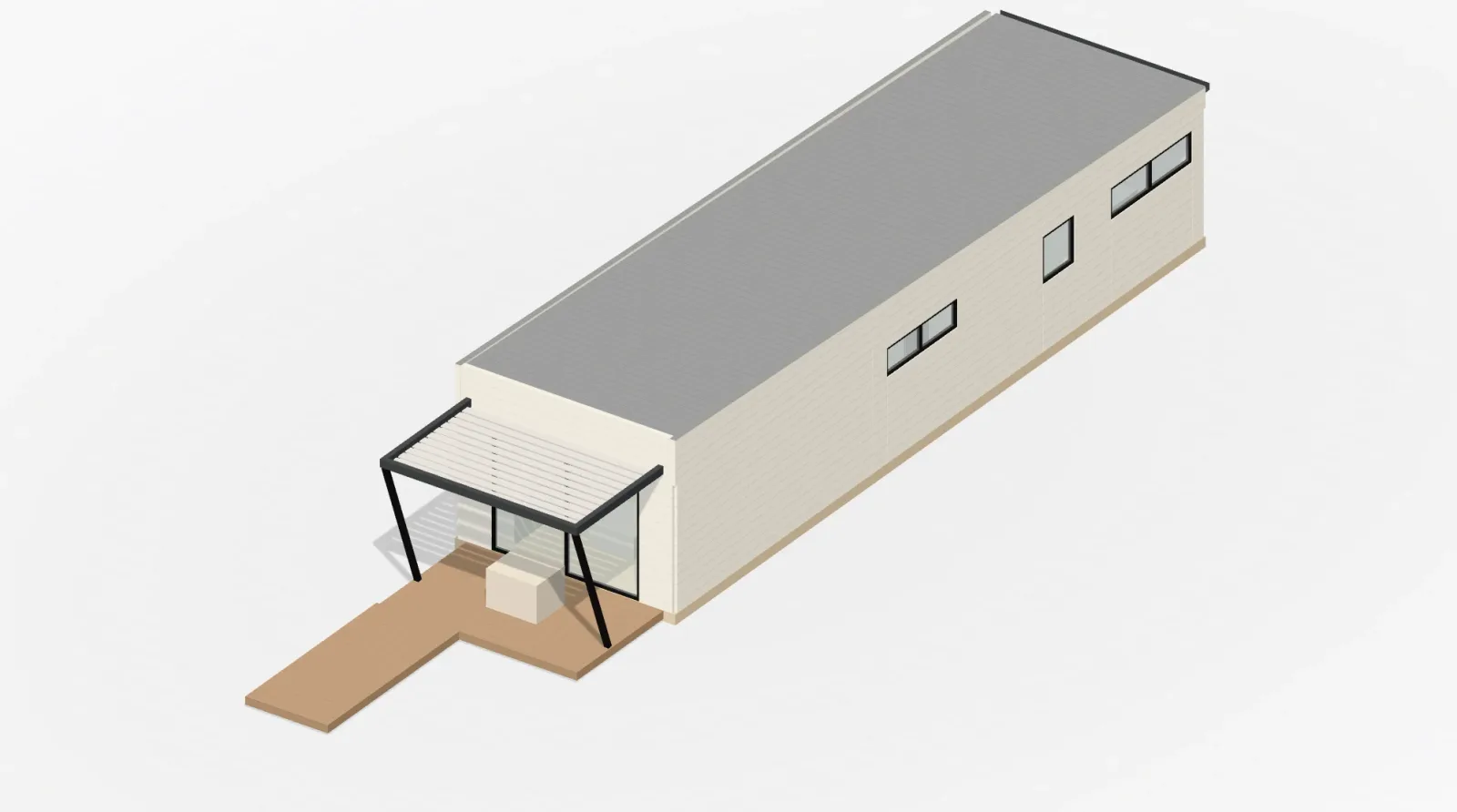 Rendered three-quarter view of the 2 Bed Villa model, a long single-storey villa with a louvred vergola on angled posts over the front deck