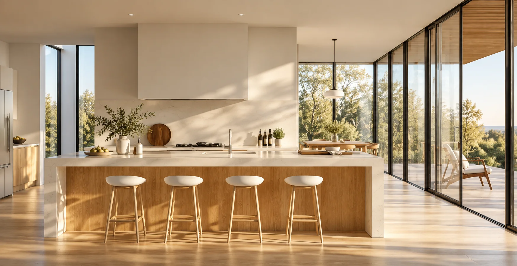 Light-filled modular home interior with a timber kitchen island opening onto a deck