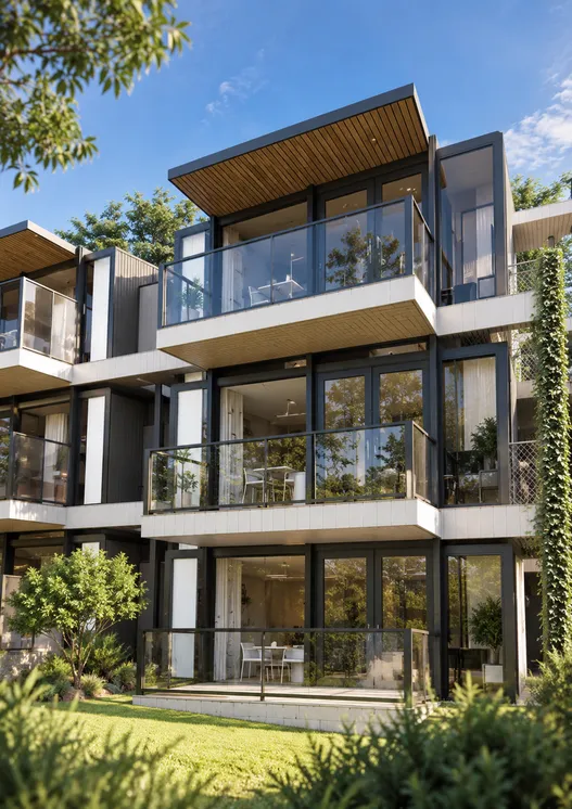 Apartments with full-height glazing, glass balconies and timber soffits above a garden