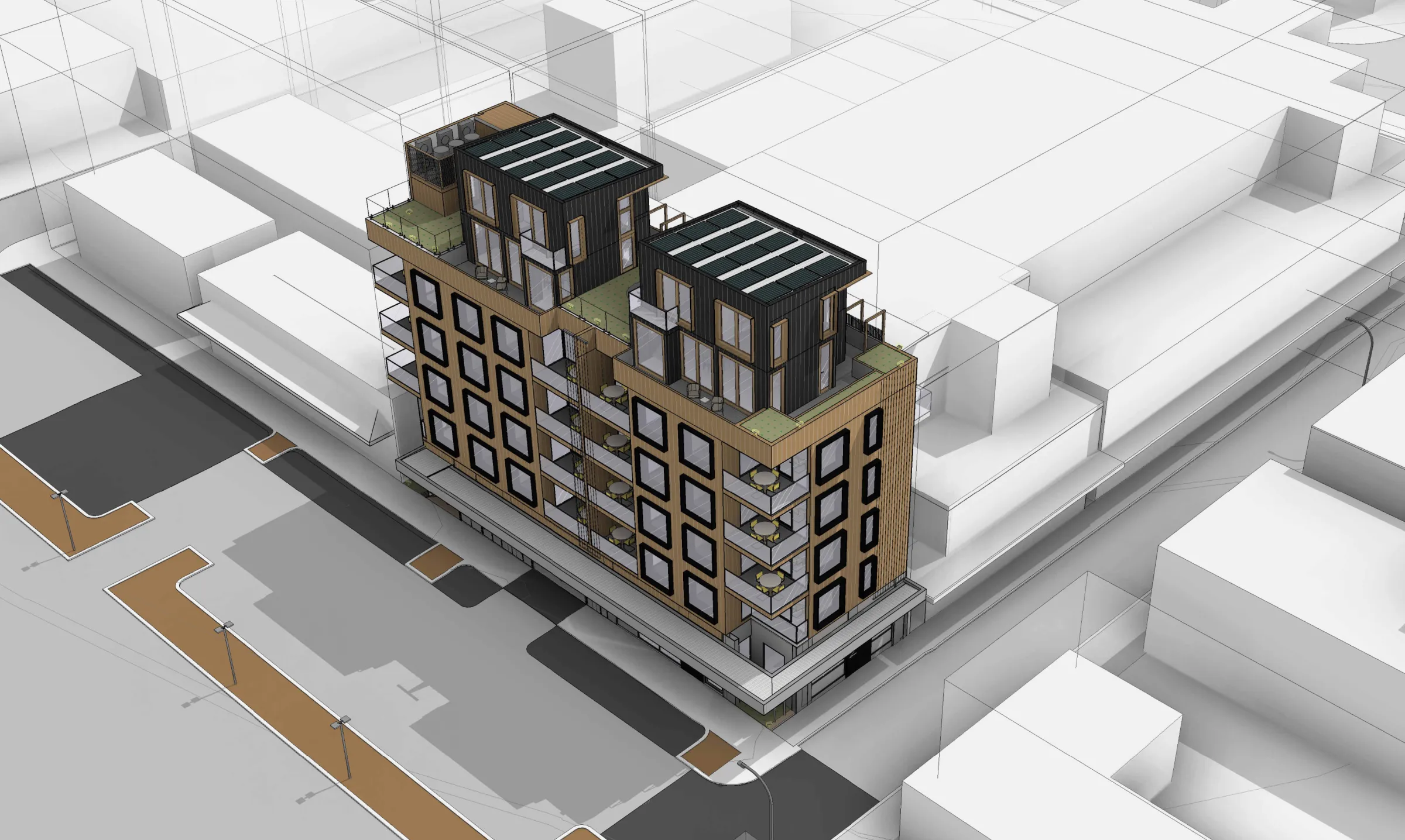 Axonometric view of 25 On Rowland and Forrest on its corner site, with timber-look cladding, balconies and two loft blocks on the roof