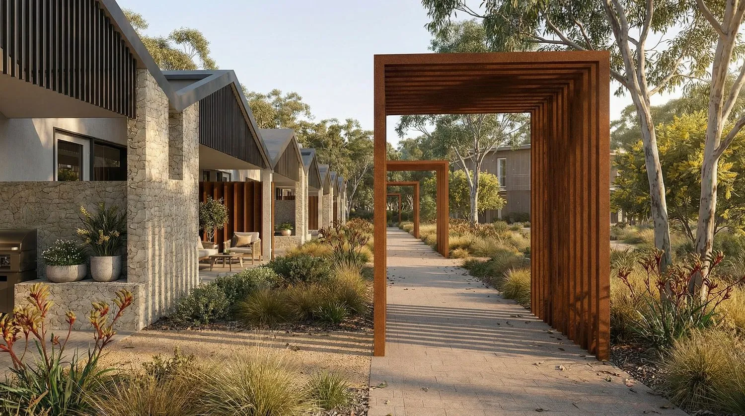 A central pedestrian walk under a timber arbour, with gabled residences and native planting on either side