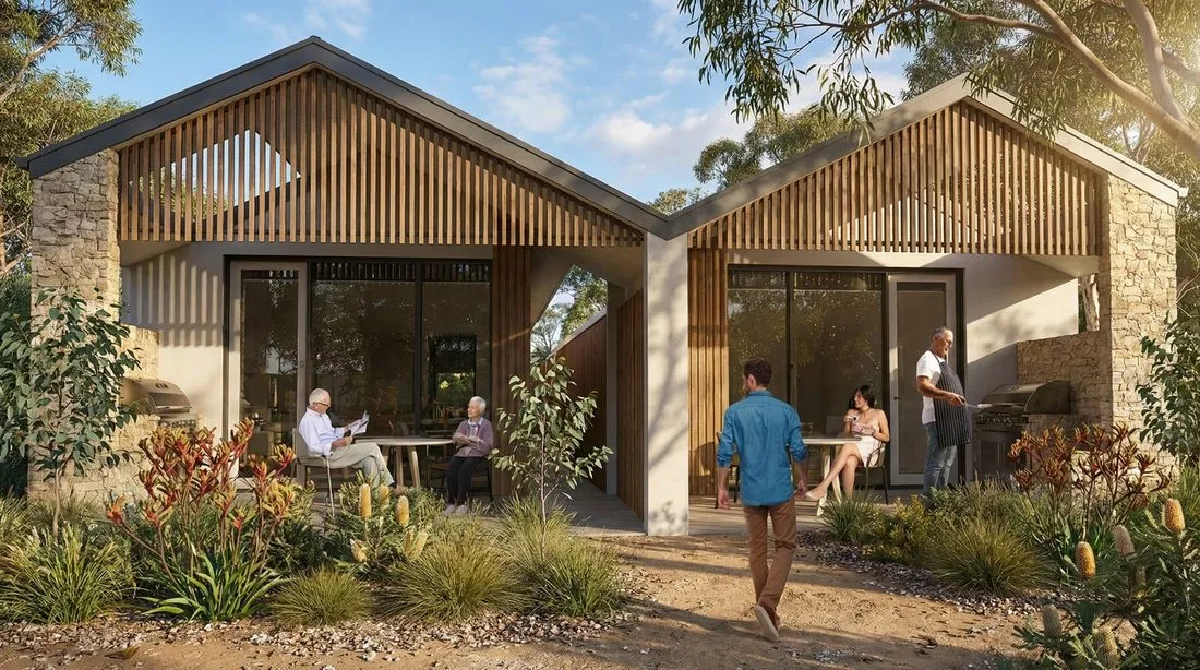 A pair of gabled residences with stone and timber-batten fronts and residents on the verandah