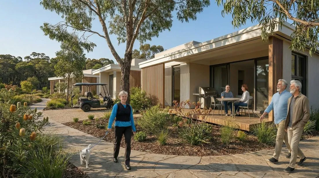 Residents walking past a two-bedroom residence with a timber deck and a buggy on the path
