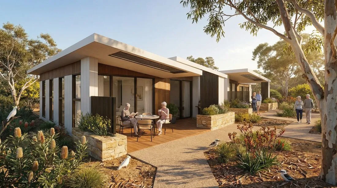 A residence with a deep roof overhang, a raised planter and a timber deck under the gum trees