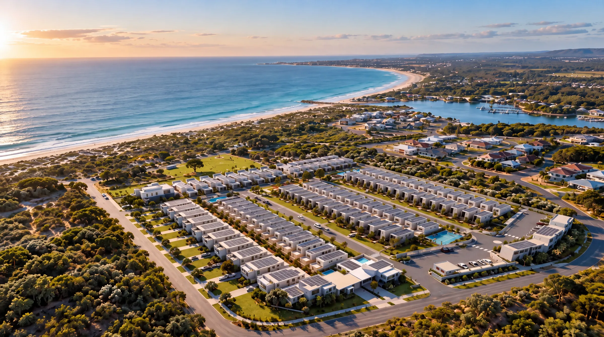 Aerial view of the Seashells Jurien Bay masterplan at sunset, with rows of residences between the bush and the ocean