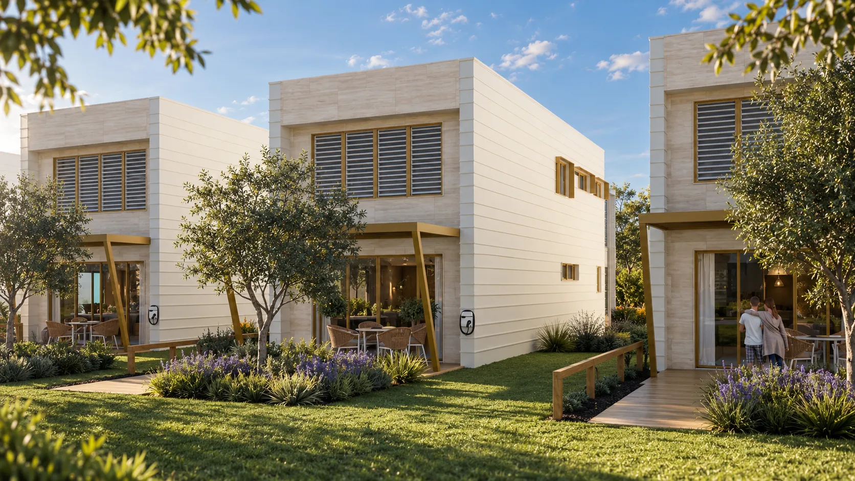 Two-storey residences with louvred upper windows, timber-framed verandahs and planted front gardens