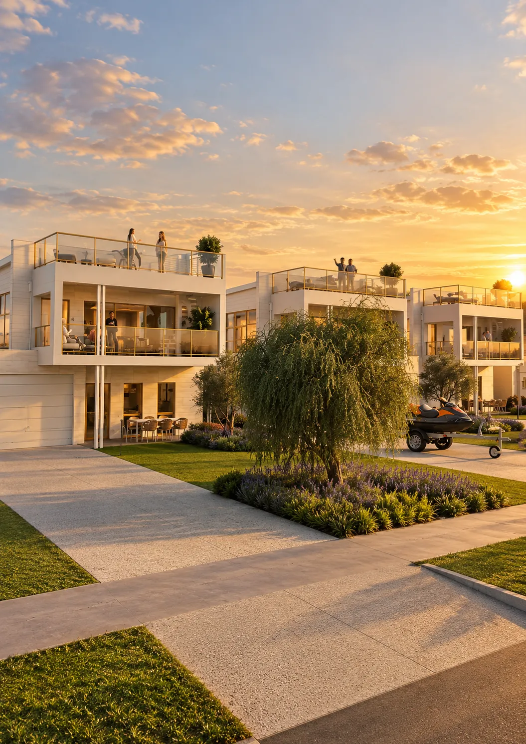 Two-storey villas with roof terraces at sunset, seen from a path across the lawn