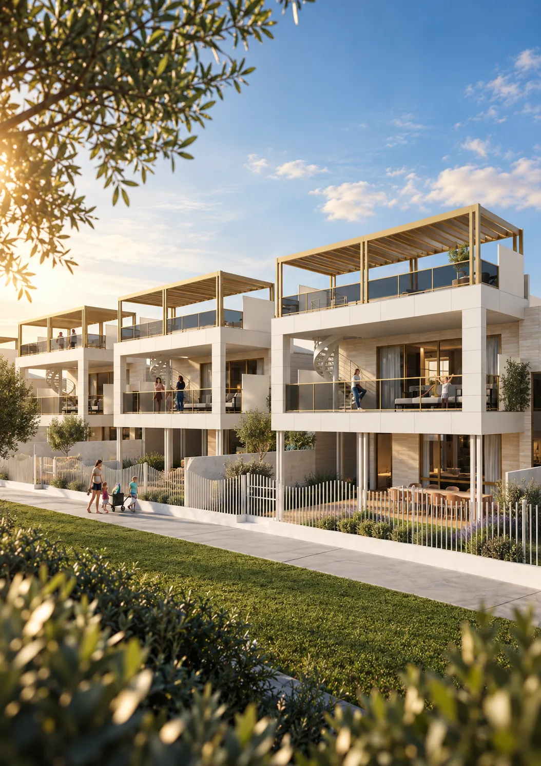 A row of two-storey villas with glass balustrades and roof terraces beside a lawn