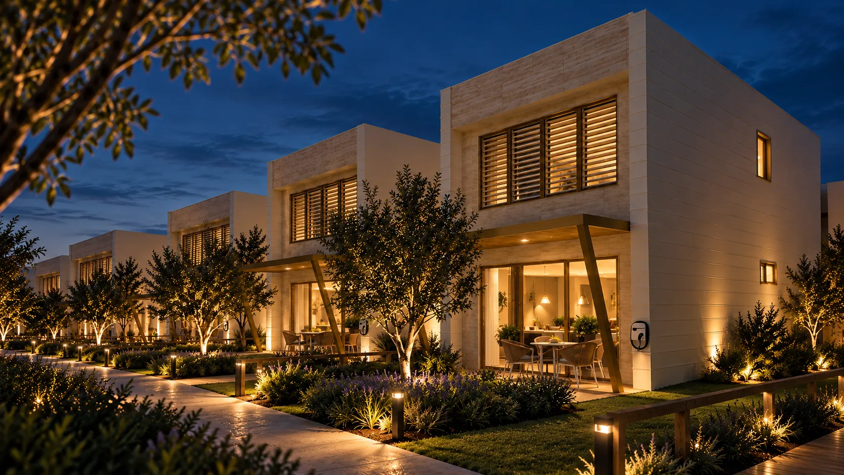 The residences at twilight, lit from inside, with garden lighting along the front path