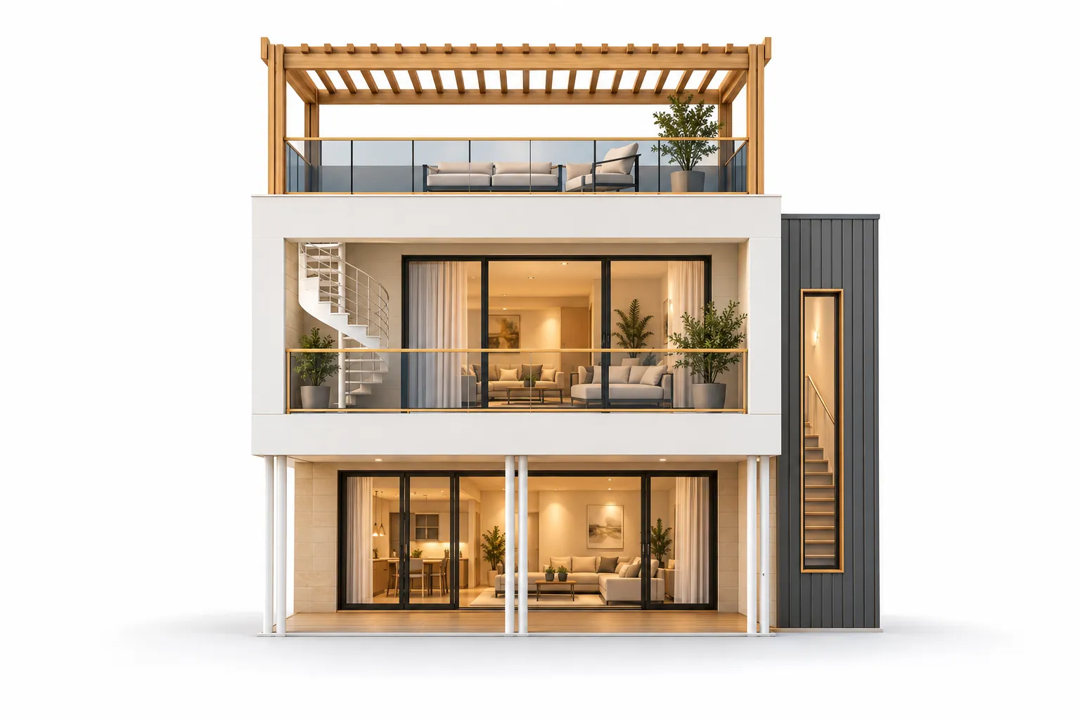 Front elevation of a two-storey villa with a pergola-covered roof terrace and a stair tower