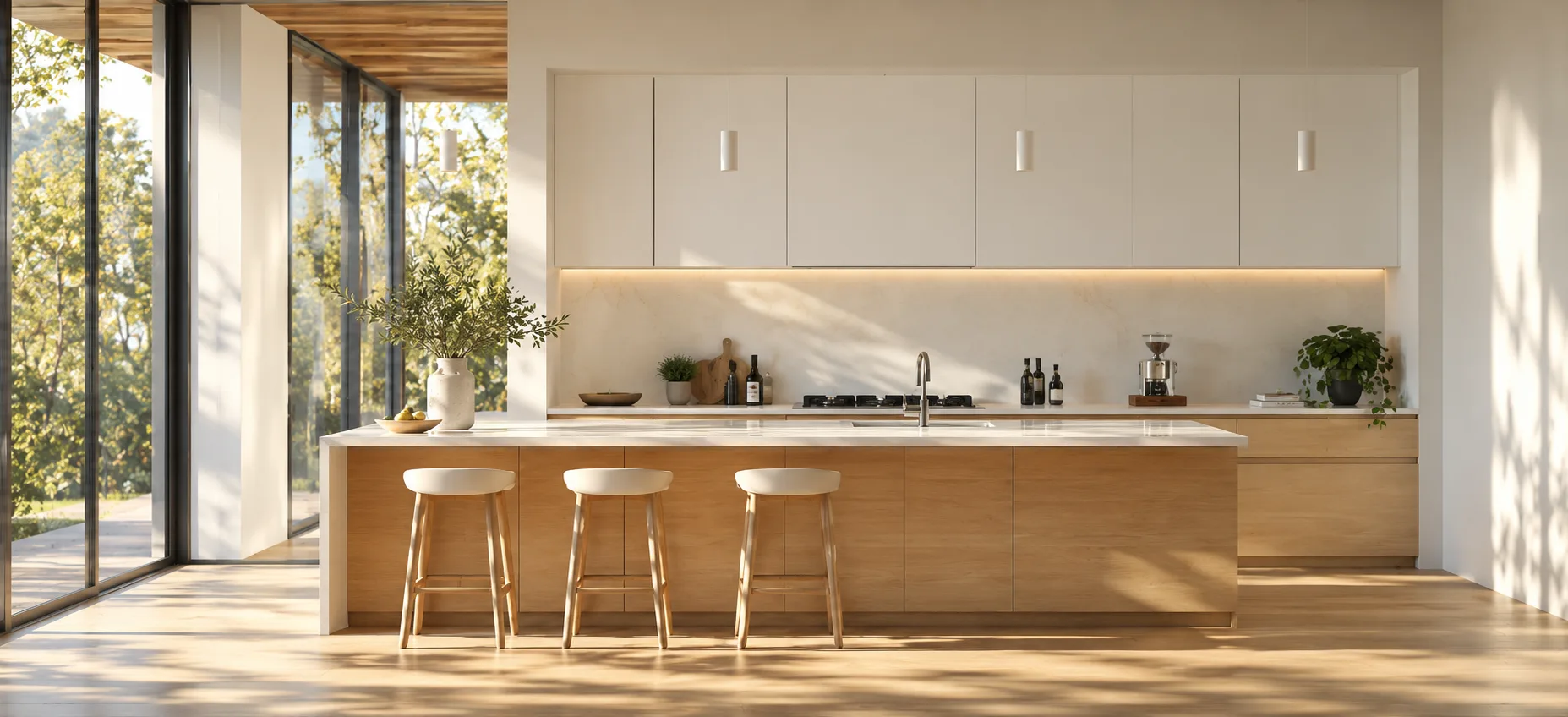 A light-filled kitchen with white cabinetry, a timber island and stools, and full-height glazing onto trees